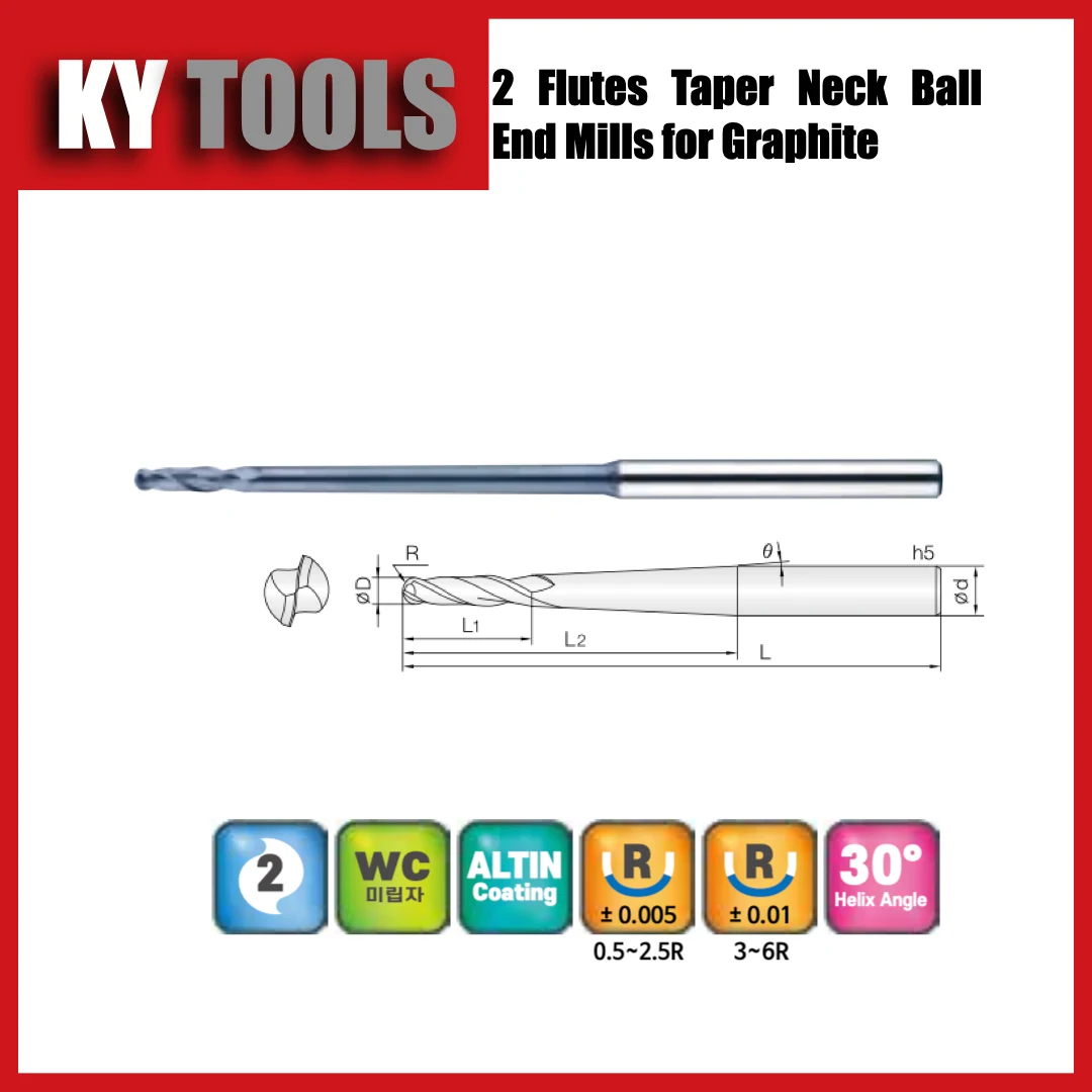 2 Flute Taper Neck Ball End Mills for Graphite technical drawing and product view