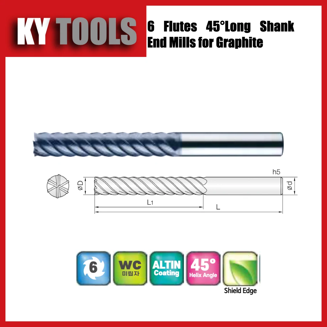 6 Flute 45° Long Shank End Mills for Graphite technical drawing and product view