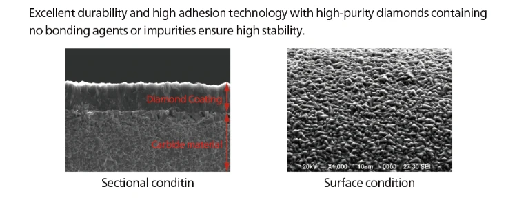 Microscope views of the diamond coating interface and surface on a carbide rod